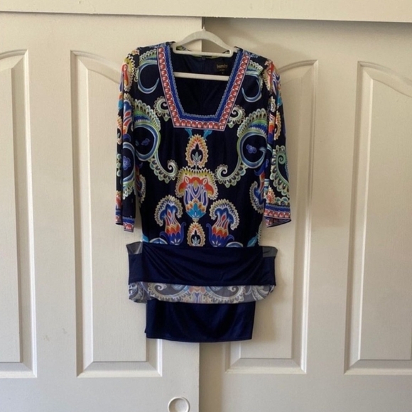 Laundry By Shelli Segal Navy Dress with Patterned Trim. Size 0 - Picture 3 of 7